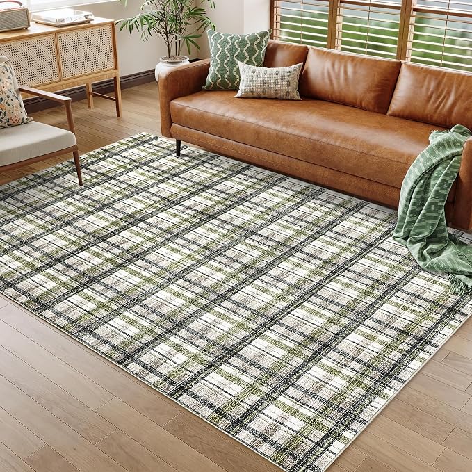 10x13 Area Rug for Living Room Washable Rugs Farmhouse Bedroom Rug Large Rug Non Slip Modern Plaid Throw Rugs for Dining Room Stain Resistant Carpet for Office Classroom, Green&Taupe
