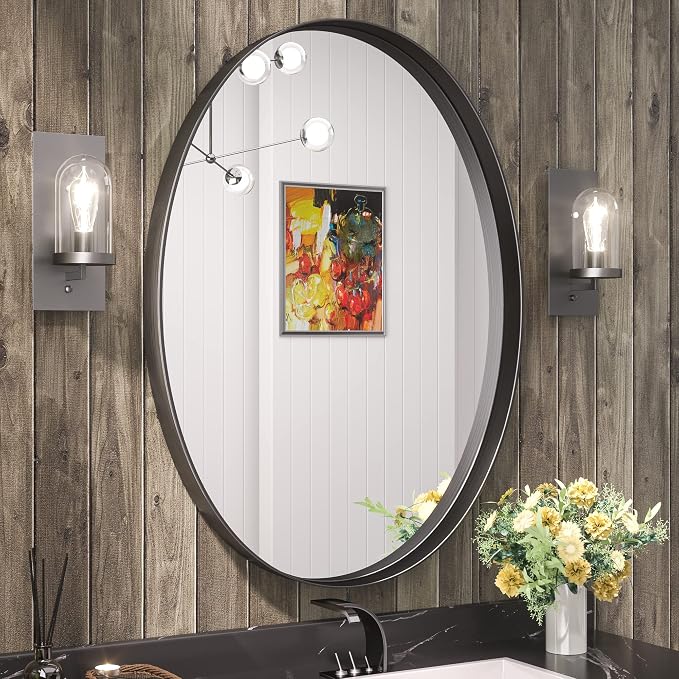 Black Oval Bathroom Mirror, 24 x 36 Matte Black Framed Wall Mounted Mirror for Vanity, Modern Decorative Shatterproof Oval Wall Mirrors for Entryway, Living Room, Bedroom