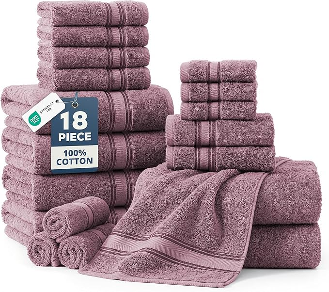 LANE LINEN Towel Set 18 Piece Soft Absorbent Quick Dry - Wishful Mauve | Cotton Bath Towel Set - Terry Weave Comfort, Long-Lasting Comfort, Hotel-Style Look, Gets Softer With Every Wash