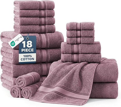 LANE LINEN Towel Set 18 Piece Soft Absorbent Quick Dry - Wishful Mauve | Cotton Bath Towel Set - Terry Weave Comfort, Long-Lasting Comfort, Hotel-Style Look, Gets Softer With Every Wash