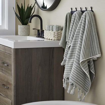 SKL Home Longborough Hand Towel Set-2pc, 100% Turkish Cotton, Sage | 640 GSM weight. Spa-level quality. Soft & absorbent jacquard with tassels. For the bathroom, kitchen, bar or any sink space.