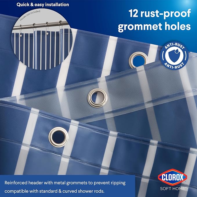 Clorox Shower Curtain Liner, Premium Striped Medium-Weight Durable Waterproof 6g PEVA for Bathroom with Weighted Magnets, Printed Standard Size 72" x 72", Navy