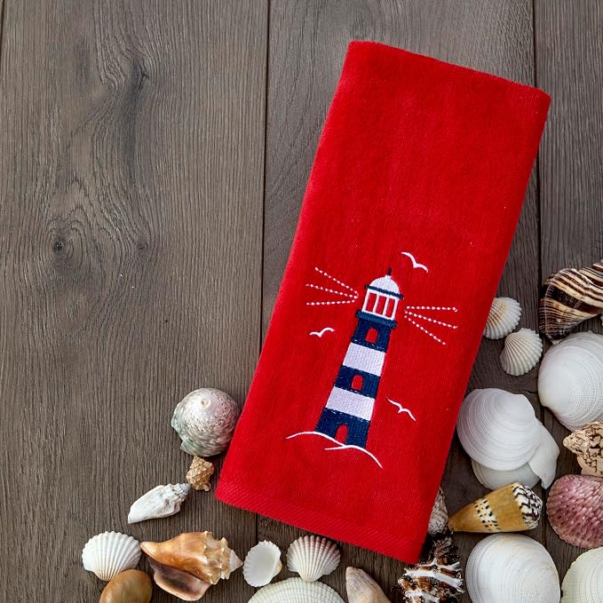 SKL Home Nautical Lighthouse Hand Towel Set-2pc, 100% Cotton, Red | Decorative embroidery for everyday & coastal/beach décor. Can be used in the bathroom, kitchen, bar or any sink space.