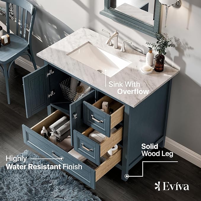 Eviva Britney 36 in. Ash Blue Single Sink Bath Vanity with Carrara Quartz Top and Undermount Porcelain Sink