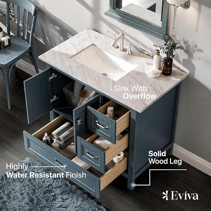 Eviva Britney 36 in. Ash Blue Single Sink Bath Vanity with Carrara Quartz Top and Undermount Porcelain Sink