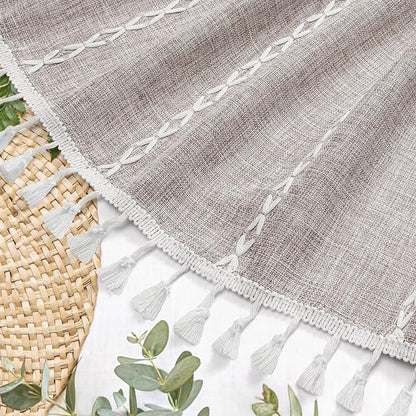 Boho Farmhouse Tassel Linen Shower Curtain,3D Embroidery Stripe Grey,36x72 | Small Stall Half Size,310GSM Linen Texture Heavy Duty Cloth,Water Repellent,Wrinkle Resistant,Vintage Farmhouse Rustic