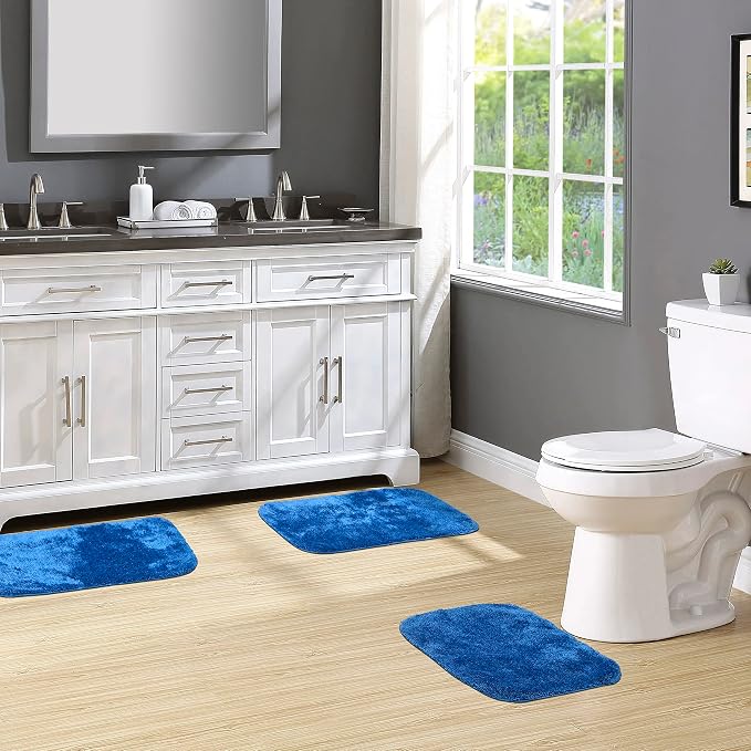 Garland Rug Traditional Nylon Washable Electric Blue 3 Bath Rugs (17" X 24", 21" X 34", 21" X 34") - Soft, Absorbent, and Stylish for Your Bathroom