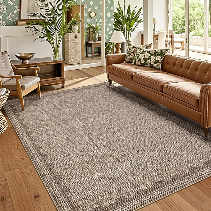 Garvee Scalloped 5x7 Washable Living Room Rug Non Slip Modern Rugs Coffee | Ultra Soft Non-Shedding Floor Cover Low Pile Stain-Resistant Bordered Print Throw Carpet for Bedroom Kids Room Dorm