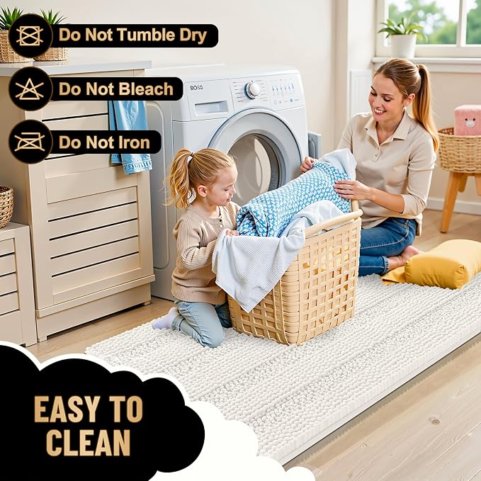 OLANLY Thick Bathroom Runner Rugs 47x20, Soft Chenille Bath Rugs, Ivory | Absorbent Striped, Rubber Backing, Machine Wash, Long Bath Mats for Bathroom Floor, Tub and Shower, Home Decor Accessories