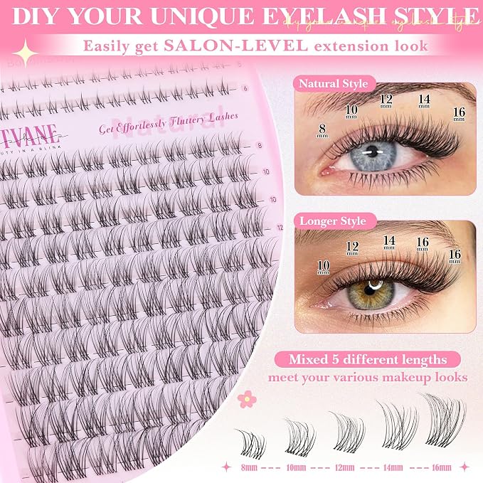 Natural Lash Clusters Wispy Eyelash Clusters DIY Lash Extension with 5-6mm Bottom Lashes 8-16mm Venus Individual Lashes Invisible Band Lash Cluster Eyelash Extensions for Natural Look by Wtvane