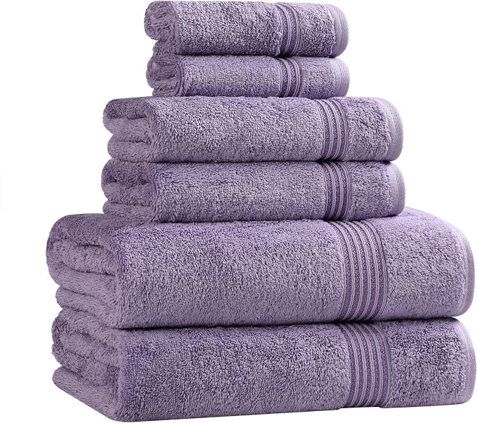 SUPERIOR Egyptian Cotton 6-Piece Towel Set, Bathroom Essentials, Towels for Bathroom, Apartment, Airbnb, Guest Bath, Face, Hand, Bath Towels, Washcloths, Absorbent, Fast Drying, Royal Purple