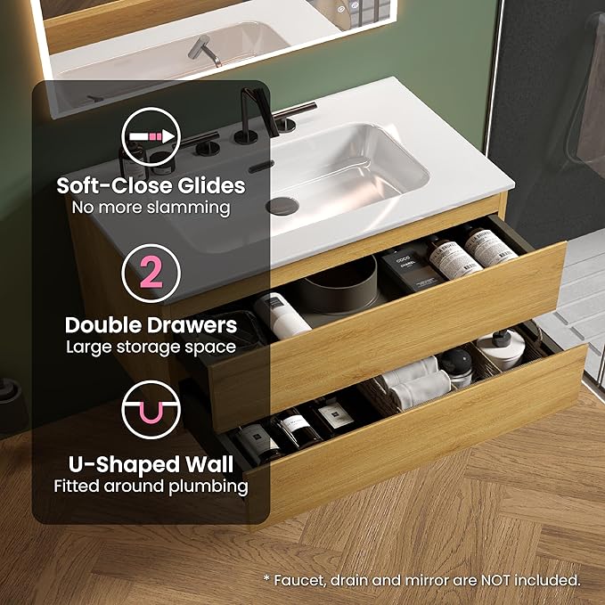 36" Bathroom Vanity with Sink, Modern Floating Vanity with Double Soft-Closing Drawers, Large Storage for Small Space, Natural Oak, Fully Assembled - Iris Collection
