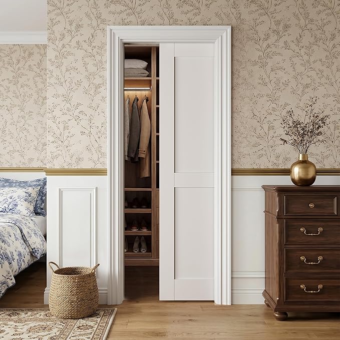SMARTSTANDARD 30" x 80" Sliding Pocket Interior Door, Solid Core Door Slab | 2-Panel Pre-Assembled Door Slab with Soft Close Pocket Door Frame Kit, Easy Install, Durable and Smooth