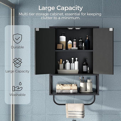 Bathroom Wall Cabinet with 2 Door and Adjustable Shelf, Farmhouse Medicine Cabinet with Towel Rack, 3-Tier Wall Mounted Storage Cabinet Over The Toilet for Bathroom Laundry Room, Black