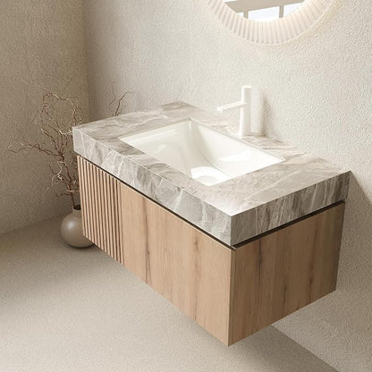 KEIKI 36 Inch Floating Bathroom Vanity with Sink, White Oak & Grey | Modern Wall Mounted Storage Cabinet w/ Drawer & Door, Pre-assembled Wood Panels, Sintered Stone Top & Ceramic Basin Combo Set