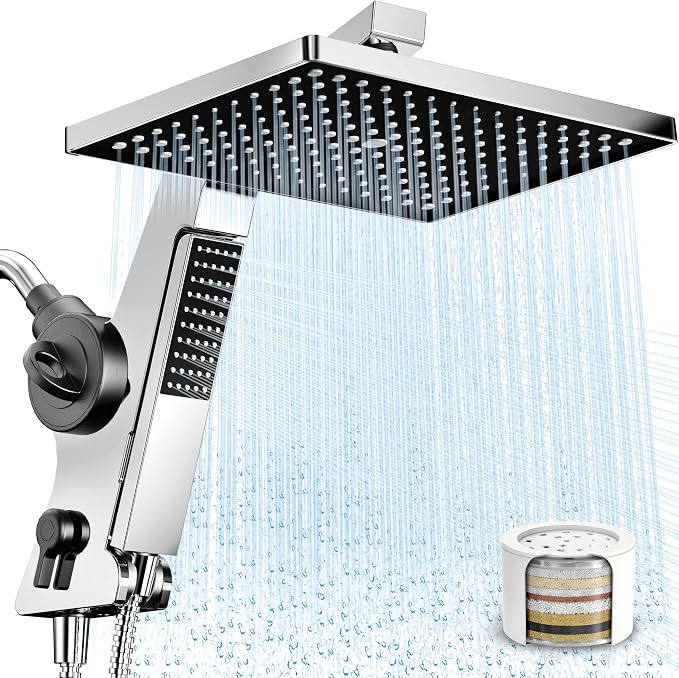 MakeFit Filtered Rain Shower Head with Handheld Combo High Pressure 12'' Rainfall Shower Heads & Hidden Detachable Wand Dual Showerhead Water Softener for Hard Water Easy Filter Replacement