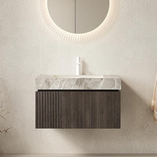 Bathroom Vanity with Sink 30 Inch, Floating Bathroom Vanity Sink Cabinet with Drawer and Door, Undermount Sink & Light Gray Sintered Stone Top, Pre-Assembled,Espresso