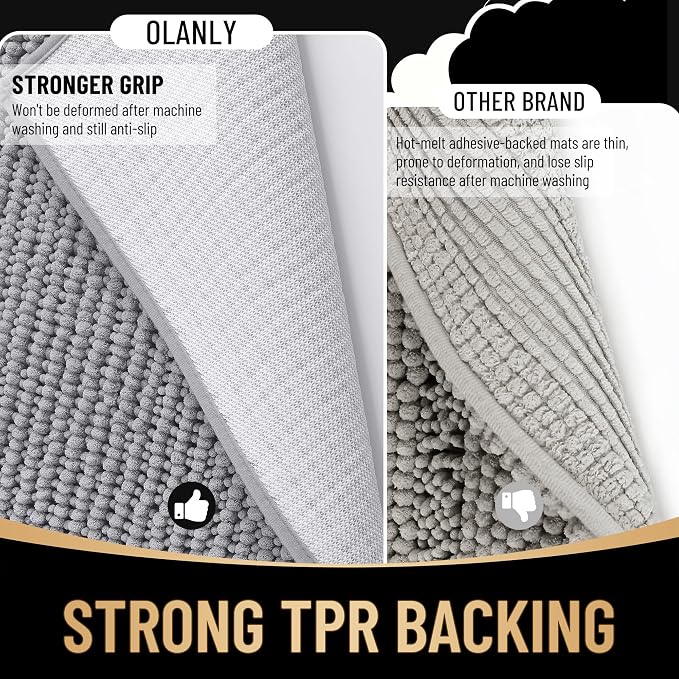 OLANLY Thick Chenille Bathroom Rugs 30x20, Soft Absorbent Bath Mat, Grey | Bath Rugs, Rubber Backing, Machine Wash Dry, Bath Mats for Bathroom Floor, Tub and Shower, Home Decor Accessories