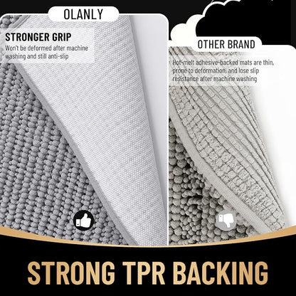 OLANLY Thick Chenille Bathroom Rugs 30x20, Soft Absorbent Bath Mat, Grey | Bath Rugs, Rubber Backing, Machine Wash Dry, Bath Mats for Bathroom Floor, Tub and Shower, Home Decor Accessories