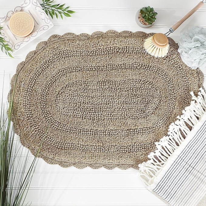 DII Crochet Collection Reversible Bath Mat, Small Oval, 17x24, Stone