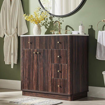 T4TREAM 36 Inch Bathroom Vanity with Sink, Modern Fluted Single Bathroom Vanity with Sink with Storage Cabinet, Adjustable Shelf and 3 Small Drawers, Dark Walnut