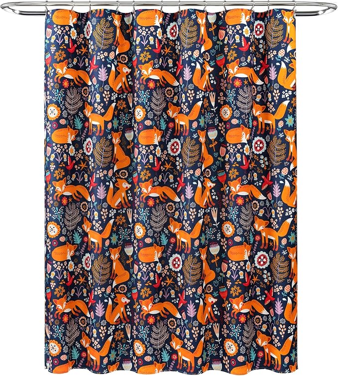 Lush Decor Pixie Fox Shower Curtain, 72" W x 72" L, Navy - Navy Shower Curtain - Fun Kids Floral & Animal Bathroom Decor