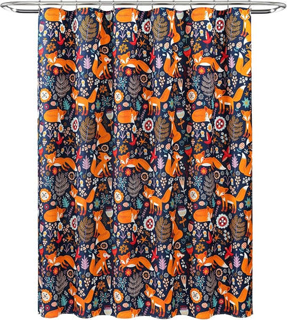 Lush Decor Pixie Fox Shower Curtain, 72" W x 72" L, Navy - Navy Shower Curtain - Fun Kids Floral & Animal Bathroom Decor
