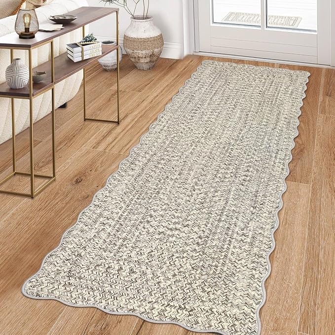 Imitation Braided Collection-Print Washable Runner Rug 2x8 Non Slip Bathroom Rug Scalloped Soft Farmhouse Throw Rugs Kitchen Runner Stain Resistant Carpet for Hallway Entryway Rugs