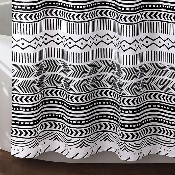 Lush Decor Hygge Geo Shower Curtain, 72" W x 72" L, Black/White - Curtain For Bathroom - Striped Bathroom Decor - Black Bath Accessories - Neutral Color Accessories - Geometric Scandinavian Print