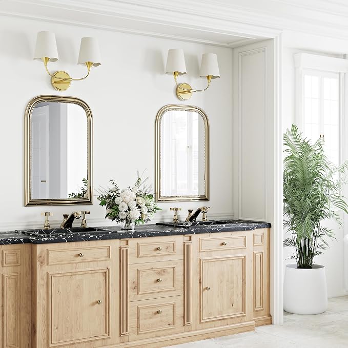 Morauroral Bathroom Light Fixtures Over Mirror, 2 Light Vanity Lights for Bathroom, Gold Vanity Lighting Fixtures with Fabric Linen Shade, E26 Socket Modern Sconce Wall Decor (ETL Listed)