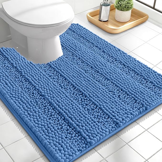 OLANLY Thick Toilet Rugs U-Shaped 24x20, Chenille Bath Mat, Cornflower Blue | Extra soft Absorbent Striped Contour Bathroom Rugs for Toilet, Dry Quickly, Machine Washable, Non-Slip