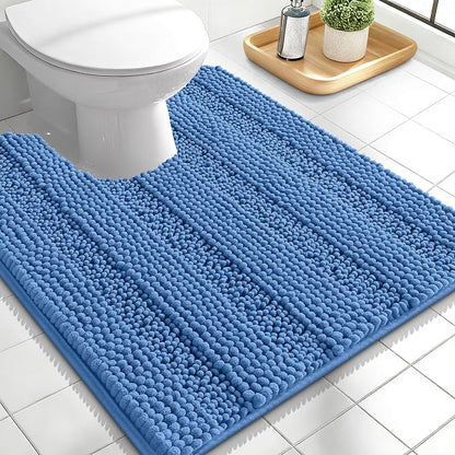 OLANLY Thick Toilet Rugs U-Shaped 24x20, Chenille Bath Mat, Cornflower Blue | Extra soft Absorbent Striped Contour Bathroom Rugs for Toilet, Dry Quickly, Machine Washable, Non-Slip