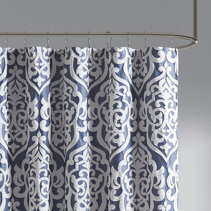 Madison Park Odette Fabric Shower Curtain Luxe Textured Jacquard, Damask Medallion Machine Washable Modern Home Bathroom Decor, Bathtub Privacy Screen, 72" x 72", Navy/Silver