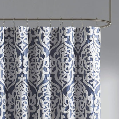 Madison Park Odette Fabric Shower Curtain Luxe Textured Jacquard, Damask Medallion Machine Washable Modern Home Bathroom Decor, Bathtub Privacy Screen, 72" x 72", Navy/Silver