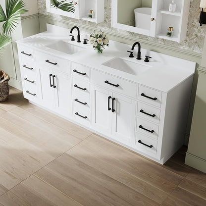84-Inch Bathroom Vanity with Double Sinks W/ 4 Doors & 12 Drawers & 2 Flip Drawers, White Vanity W/Matte Black Handles