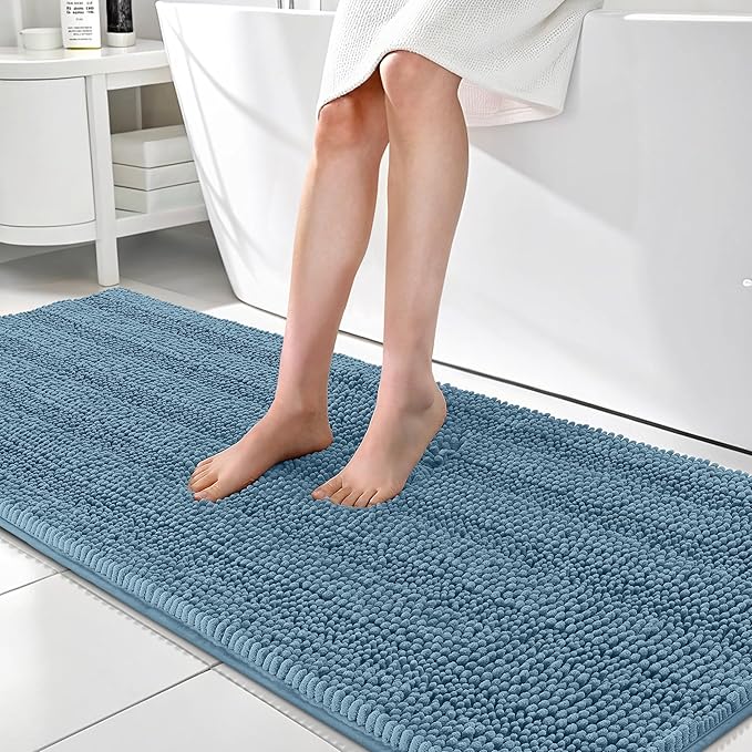 OLANLY Thick Bathroom Runner Rugs 70x24, Soft Chenille Bath Rugs, Airy Blue | Absorbent Striped, Rubber Backing, Machine Wash, Long Bath Mats for Bathroom Floor, Tub and Shower, Home Decor Accessories