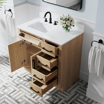 36-Inch Bathroom Vanity with Sink W/ 2 Doors & 4 Drawers & 1 Flip Drawer, Oak Vanity W/Matte Black Handles