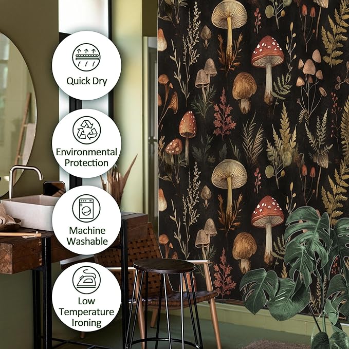 Vintage Dark Mushroom Shower Curtain 72x72 Inch,Forest Botanical Plant Waterproof Polyester Bath Curtain with Retro Nature Mushroom Pattern,Cottagecore Bathroom Decor