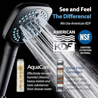 AquaCare 4X 10-Mode High Pressure Hand Shower w/Filter & 2-mode Power Wash | Filters Chlorine & Toxins, Softens Hard Water for Healthy Skin & Hair. Handheld Power Head Cleans Tub, Tile & Pets / Black