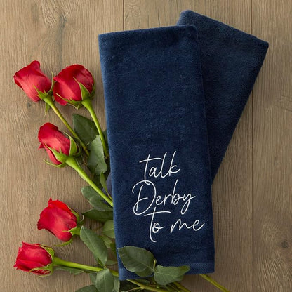 SKL Home Talk Derby 100% Cotton Embroidered 2pc Hand Towel Set, Decorative for Bath/Kitchen/Bar & Gift, Navy