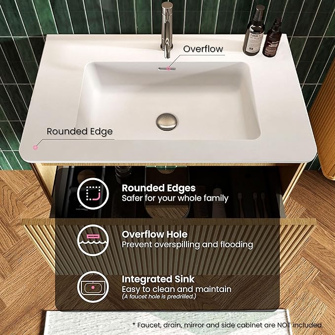 30 Inch Bathroom Vanity with Sink, Modern Floating Vanity with Push Open Drawer, Large Storage for Small Space, Apartment, Hotel, Natural Oak, Fully Assembled - Camellia Collection