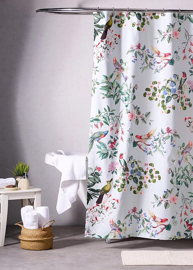 Maison d' Hermine Shower Curtain 100% Cotton One Panel 70"x72" Washable Fabric Shower Curtains for Bathroom, Easy Hanging with 12 Button Holes - Home Hotel Spa Easter Gifts (Eden - Blue Blush)