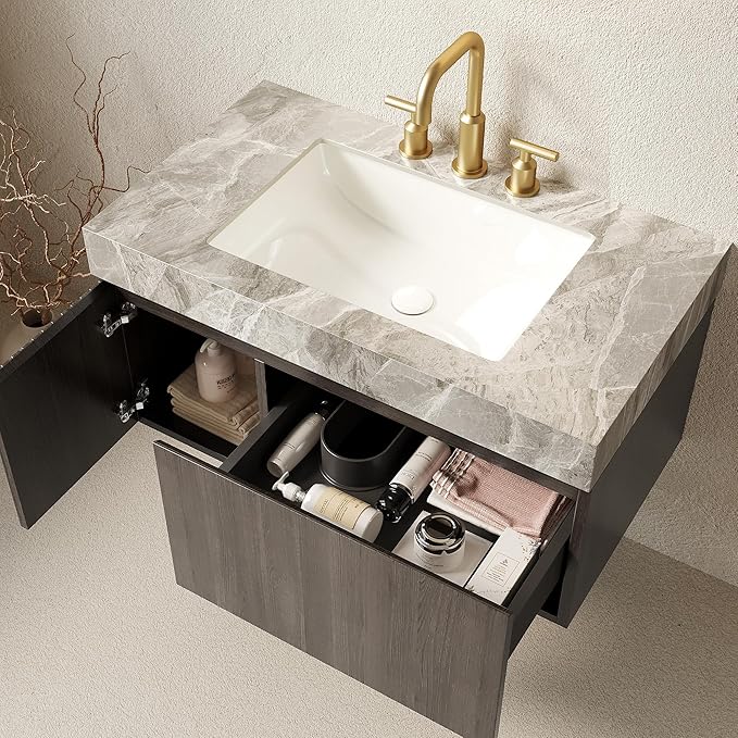 36" Floating Bathroom Vanity with Sink, Modern Plywood Storage Cabinet with Drawer and Door, Light Gray Sintered Stone Top and 3 Pre-drilled Faucet Holes Ceramic Basin, Pre-Assembled, Espresso