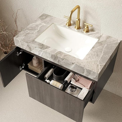 36" Floating Bathroom Vanity with Sink, Modern Plywood Storage Cabinet with Drawer and Door, Light Gray Sintered Stone Top and 3 Pre-drilled Faucet Holes Ceramic Basin, Pre-Assembled, Espresso