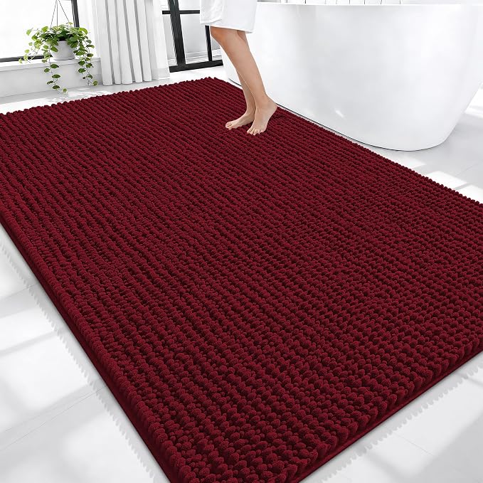 OLANLY Thick Chenille Large Bathroom Rugs Mats 70x46, Burgundy | Soft Absorbent Bath Rugs, Rubber Backing, Machine Wash Dry, Bath Mats for Bathroom, Tub and Shower, Home Decor Accessories
