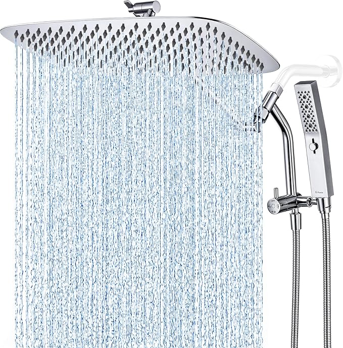 G-Promise 16 Inch All Metal Rain Shower Head with Handheld Spray (Chrome) | Suits Every Height, Pause Mode Diverter, Massage Mode Handheld, Full Body Coverage, Easy to Install, Modern Bath Upgrade