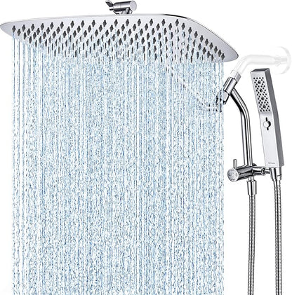 G-Promise 16 Inch All Metal Rain Shower Head with Handheld Spray (Chrome) | Suits Every Height, Pause Mode Diverter, Massage Mode Handheld, Full Body Coverage, Easy to Install, Modern Bath Upgrade