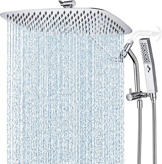 G-Promise 16 Inch All Metal Rain Shower Head with Handheld Spray (Chrome) | Suits Every Height, Pause Mode Diverter, Massage Mode Handheld, Full Body Coverage, Easy to Install, Modern Bath Upgrade