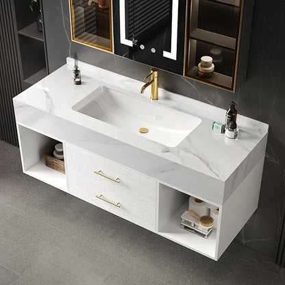 homary 39.4" Floating Bathroom Vanity with Sink, Modern Wall-Mounted Vanity Bathroom Cabinet with Sintered Stone Countertop, Undermount Sink & White, 2 Open Storage Shelves