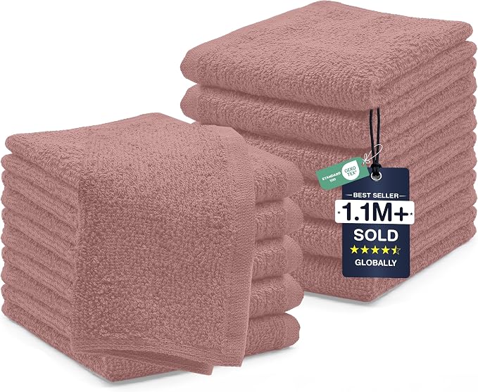 DAN RIVER 12 Pack Cotton Wash Cloths Set for Showering [12x12] Dusty Pink | Lighter Weight, Quick to Dry, Super Soft & Absorbent Face Towels, Hotel Quality, Perfect for Bathroom, Gym, Spa